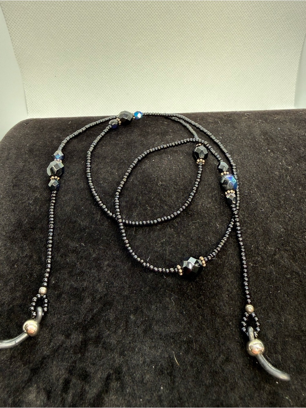 Black Beaded Eyeglass Holder Necklace Lanyard Faceted Crystal Accent Beads 25.5”